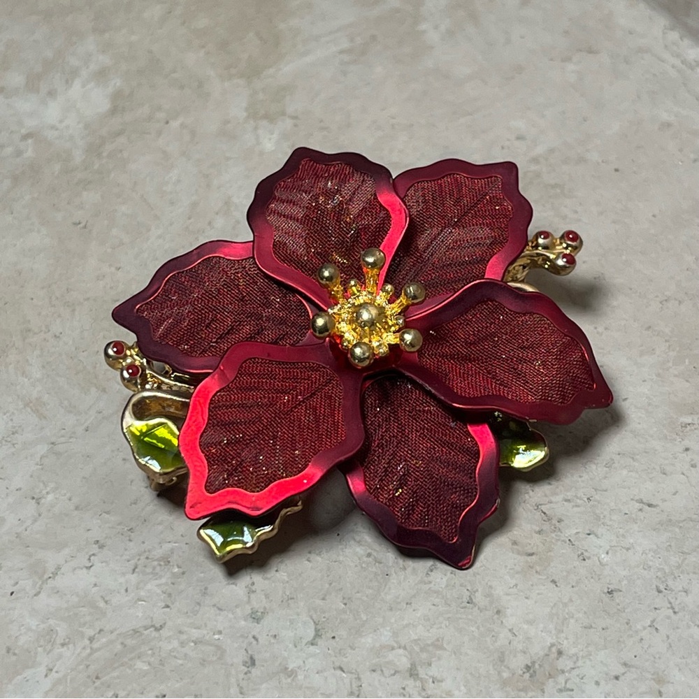 Kenneth Cole Red Wire Mesh Poinsettia Flower Holly Christmas Brooch